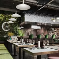 Elegant Modern Restaurant Interior With Green Bar Seats Crystal Chandeliers And Greenery