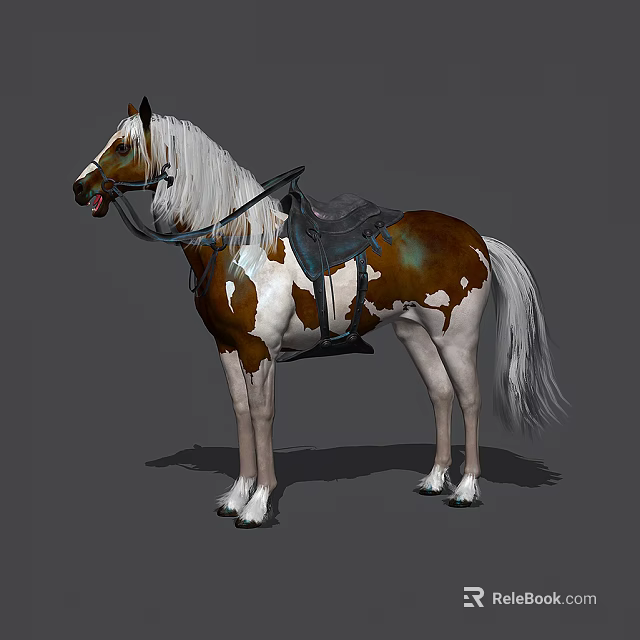 Brown And White Horse With White Mane Tail And Saddle Standing On Gray Background 3d model 