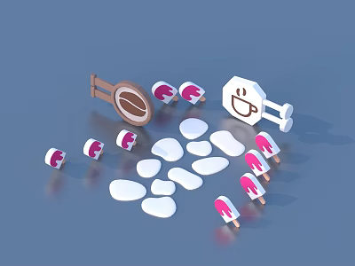 3D Rendered Coffee Icons With Pink White Brown Cup Bean Spoon On Blue Background 3d model
