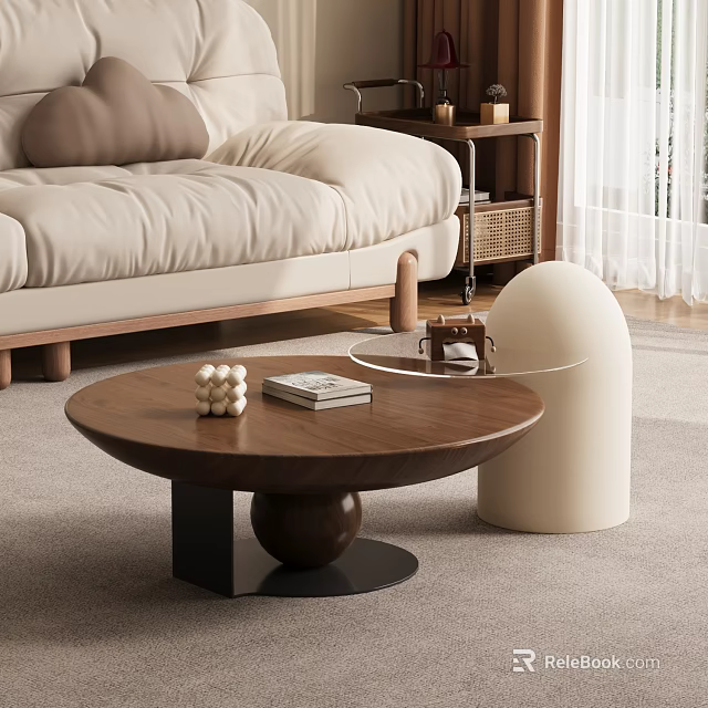 Modern Living Room Interior With Beige Sofa Round Wooden Coffee Table Decorative Balls White Curtains 3d model 