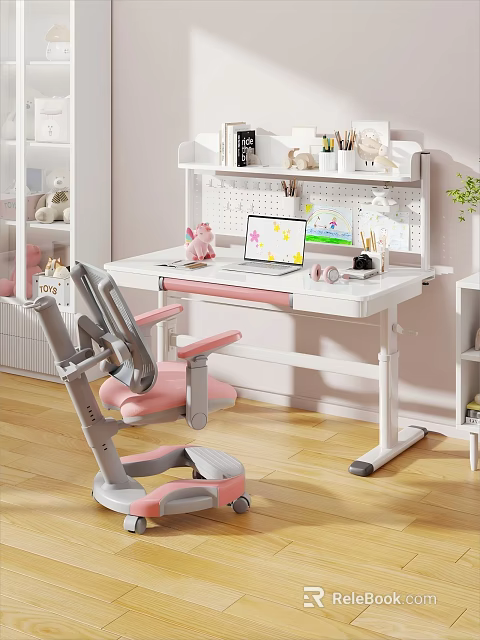 White Height Adjustable Desk With Laptop Stationery And Pink Gray Chair In Study Workspace 3d model 