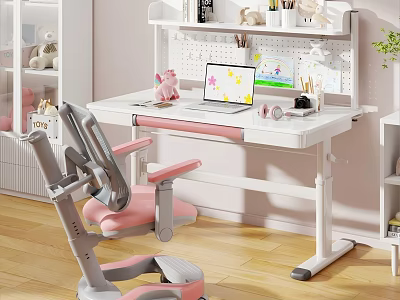 White Height Adjustable Desk With Laptop Stationery And Pink Gray Chair In Study Workspace 3d model