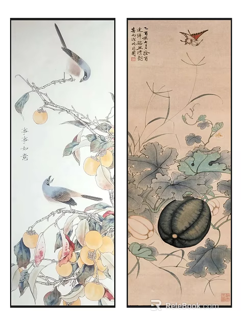 Classic Traditional Chinese Painting Artwork With Birds Fruits Gourds And Leaves 3d model 