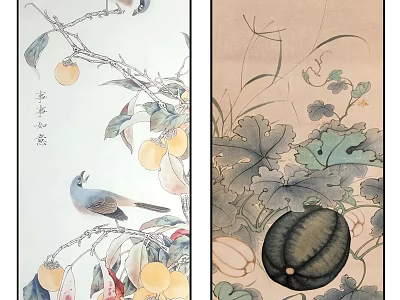 Classic Traditional Chinese Painting Artwork With Birds Fruits Gourds And Leaves 3d model