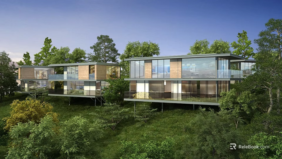 Beautiful Hillside Scenery With Modern Residences Green Trees And Lush Grass Under Clear Blue Sky 3d model 