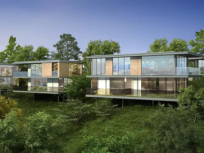 Beautiful Hillside Scenery With Modern Residences Green Trees And Lush Grass Under Clear Blue Sky 3d model