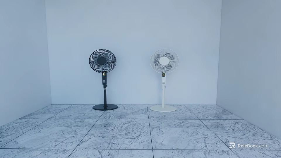 Modern Standing Electric Fans in Black and White with White Wall and Marble Floor 3d model 