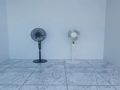 Modern Standing Electric Fans in Black and White with White Wall and Marble Floor 3d model