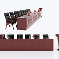 Wooden Conference Table Setup With Black Chairs Red Flags And Podium 3d model