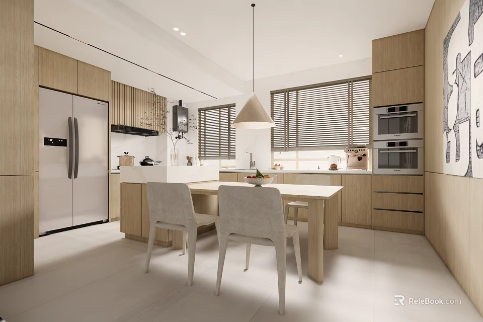Modern Kitchen Interior With Light Wood Cabinets Island Refrigerator And Blinds 3d model 