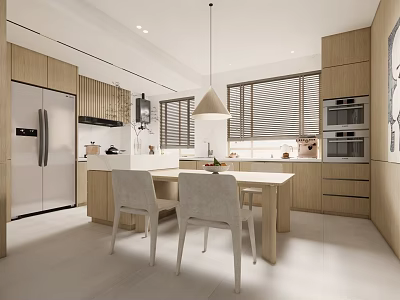 Modern Kitchen Interior With Light Wood Cabinets Island Refrigerator And Blinds 3d model