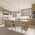 Modern Kitchen Interior With Light Wood Cabinets Island Refrigerator And Blinds