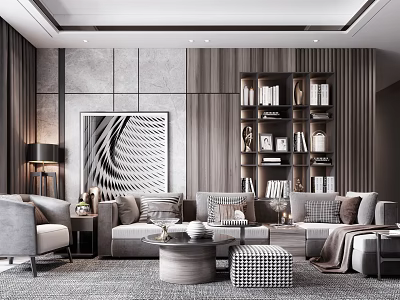 Modern Luxury Living Room Sofa And Coffee Table Set With Bookshelf And Decorative Art 3d model