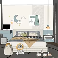 Bright Kids Room Interior With Bed Yellow Blanket Stuffed Toys And Moon Cloud Decor