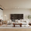 Modern Living Room Interior With White Sofa Wooden Coffee Table And Decorative Wall Art