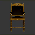 Traditional Carved Wooden Armchair With Black Leather Seat And Armrests And Crown Decoration
