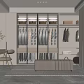 Modern Walk in Closet Interior with Glass Door Cabinets Hanging Clothes Bench and Rug