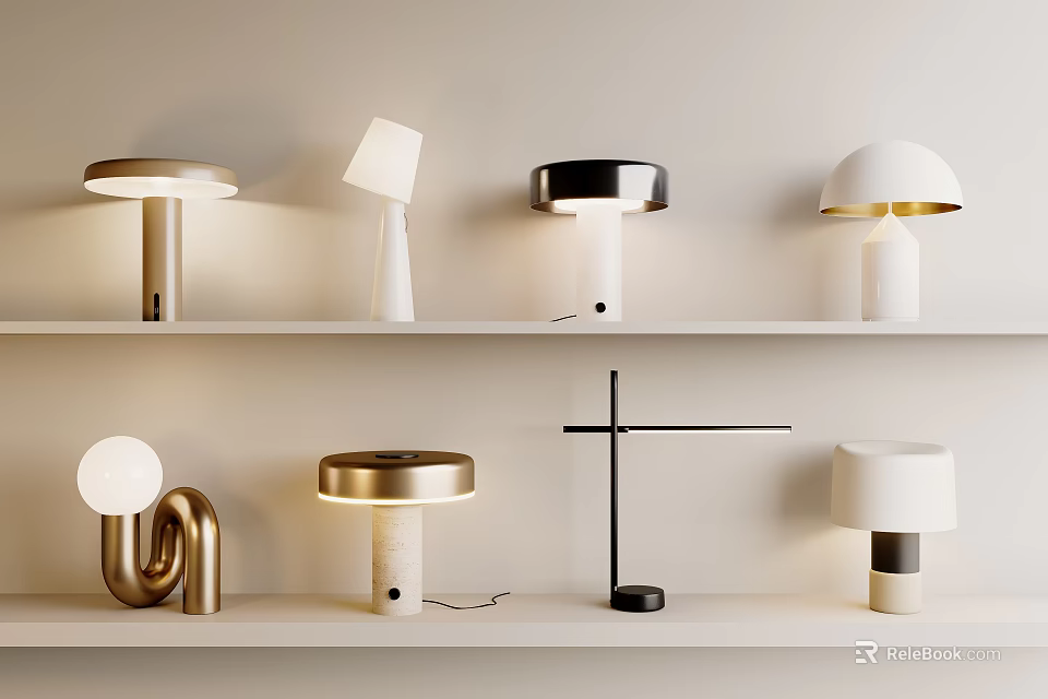 Modern Stylish Table Lamps Display On Shelves With Metal Marble Ceramic Bases And Various Designs 3d model 