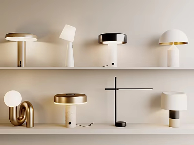 Modern Stylish Table Lamps Display On Shelves With Metal Marble Ceramic Bases And Various Designs 3d model
