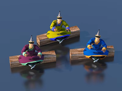Three Men In Traditional Costumes Sitting On Wooden Logs With Pointed Hats By Water Reflections 3d model