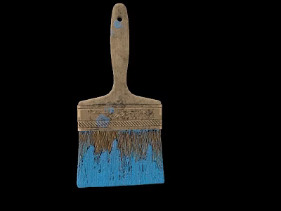 Old Paintbrush With Wooden Handle And Blue Bristles Showing Paint Stains 3d model