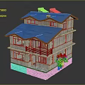 Two Story House Featuring Blue Roof Solar Panels Orange Window Frames Stone Base and Greenery