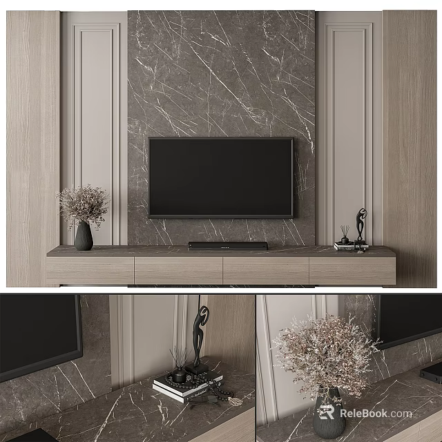 Modern TV Background Wall Design with Marble Texture and Wooden TV Stand and Decorative Ornaments 3d model 