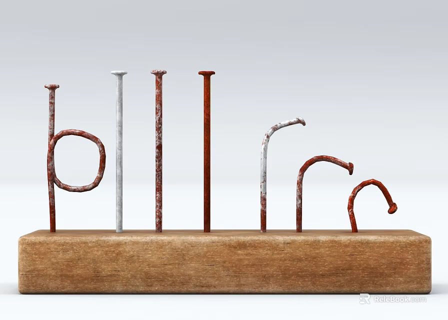 Metal Hardware Tools Displaying Assorted Nails with Various Shapes on Wooden Base 3d model