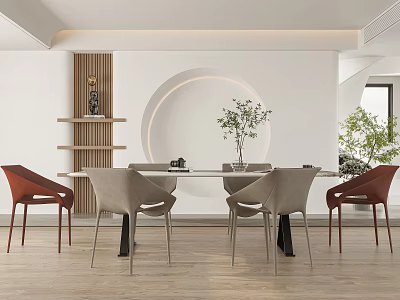 Elegant Modern Restaurant Dining Area With Round Table Chairs Decorative Wall And Potted Plants 3d model