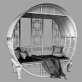 Garden Decorative Bench Circular Wooden Frame with Chinese Carved Patterns Red Cushions and Gray Blanket