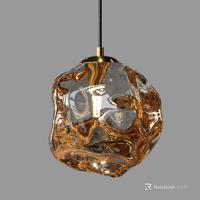 Modern Amber Glass Pendant Light With Irregular Texture And Gold Metal Accent 3d model 