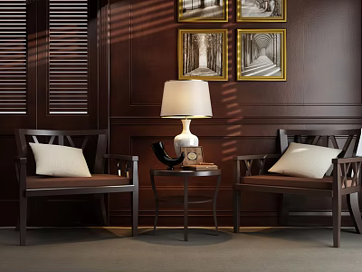 Two Wooden Leisure Chairs With Small Table Table Lamp In Wooden Interior With Wall Paintings 3d model