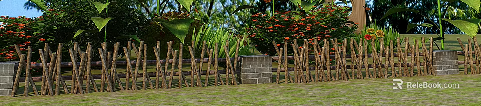 Rustic Wooden Fence With Brick Pillar And Green Plants Red Flowers 3d model 