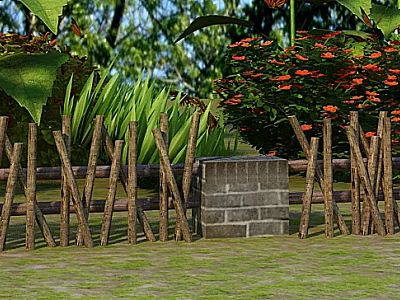 Rustic Wooden Fence With Brick Pillar And Green Plants Red Flowers 3d model