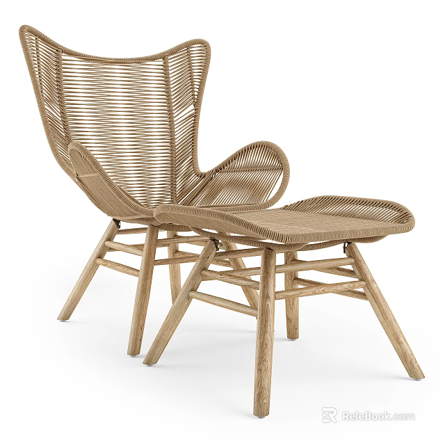 Outdoor Rattan Chair with Armrest and Matching Footstool Natural Wood Frame and Woven Design 3d model 