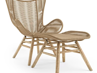 Outdoor Rattan Chair with Armrest and Matching Footstool Natural Wood Frame and Woven Design 3d model