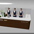 Chevrolet Information Reception Desk with Brown White Design Vase Green Plant and Staff