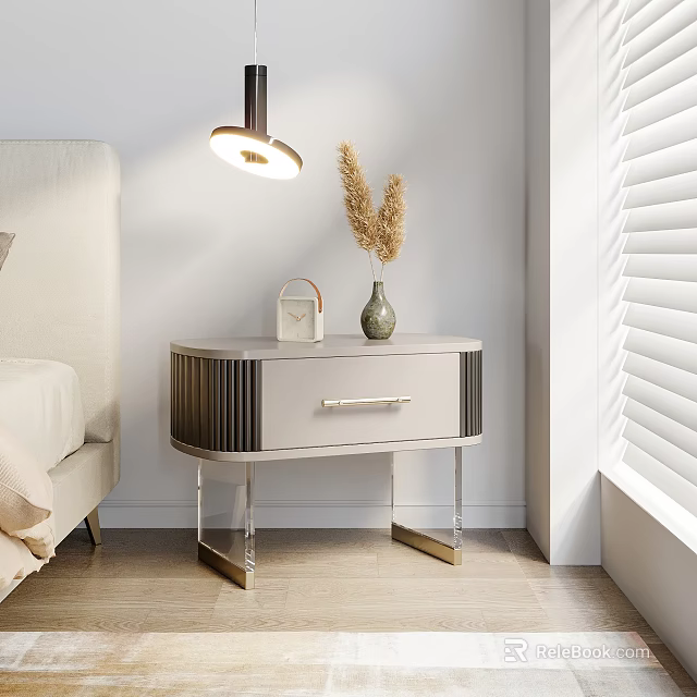 Modern Bedroom Nightstand With Drawer Metal Legs And Decorative Dried Flowers 3d model 