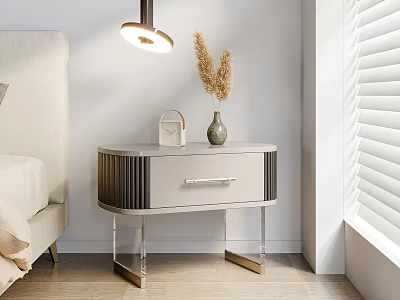Modern Bedroom Nightstand With Drawer Metal Legs And Decorative Dried Flowers 3d model