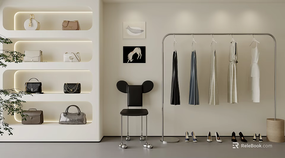 Stylish Clothing Rack Featuring Hanging Clothes Black Chair Shoes And Wall Art 3d model 