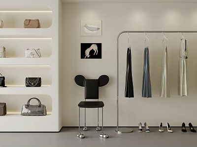 Stylish Clothing Rack Featuring Hanging Clothes Black Chair Shoes And Wall Art 3d model