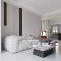 Modern Living Dining Area With TV Wall Shelves Marble Floor And Coffee Table Decorations