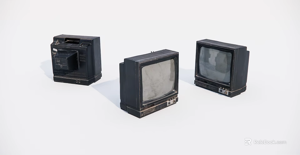 Three Vintage Retro Televisions With Aged Worn Design And Classic Screens 3d model 