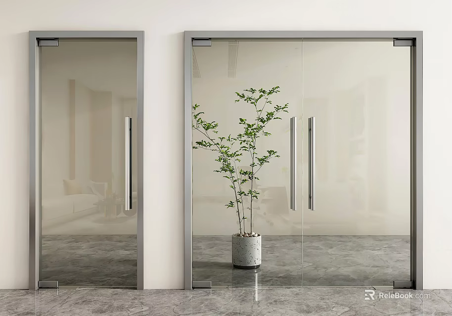 Modern Glass Double Doors With Metal Frame And Potted Plant On Sleek Floor 3d model 