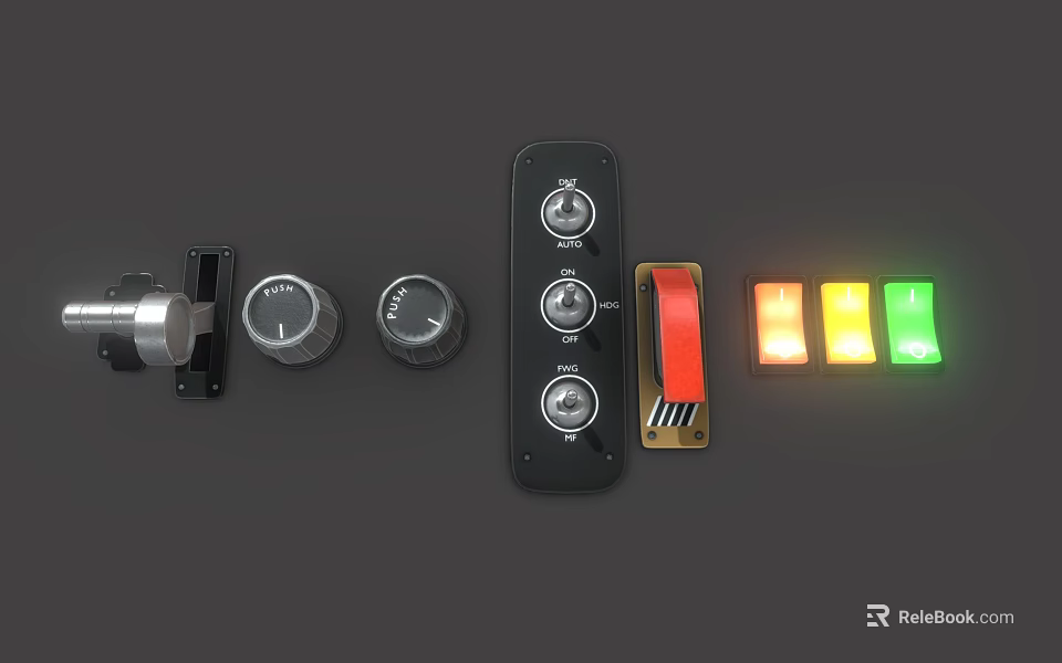 Black Control Panel With Metal Knobs And Red Yellow Green Indicator Lights 3d model 