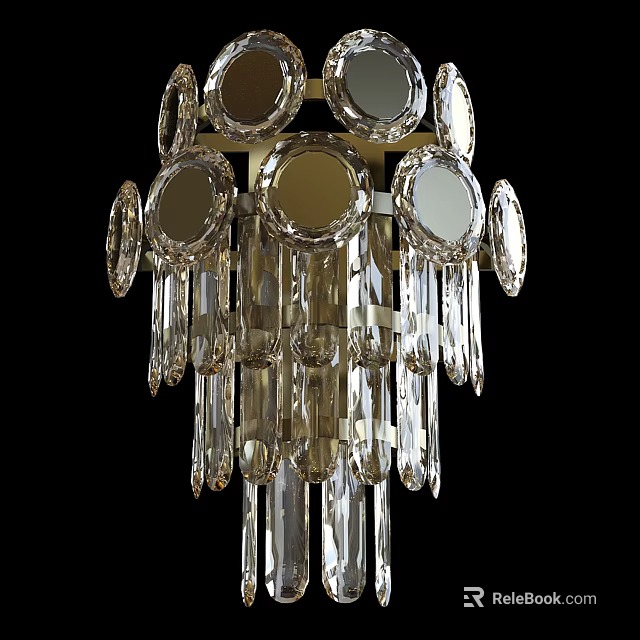 Luxurious Crystal Wall Lamp with Circular Mirror Accents and Dangling Crystal Pendants 3d model 