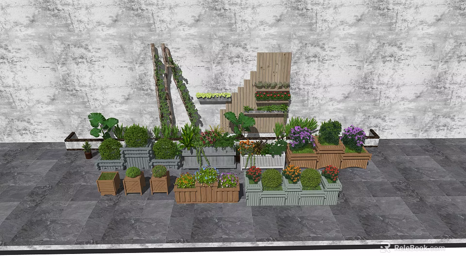 Diverse Garden Flower Planters With Various Shapes Materials And Colorful Plants 3d model 