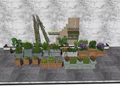 Diverse Garden Flower Planters With Various Shapes Materials And Colorful Plants 3d model
