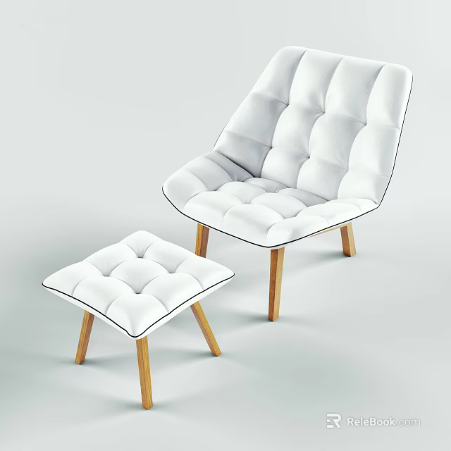 Modern White Padded Leisure Chair with Matching Ottoman and Wooden Legs Design 3d model 
