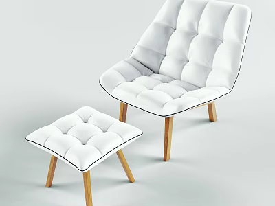 Modern White Padded Leisure Chair with Matching Ottoman and Wooden Legs Design 3d model
